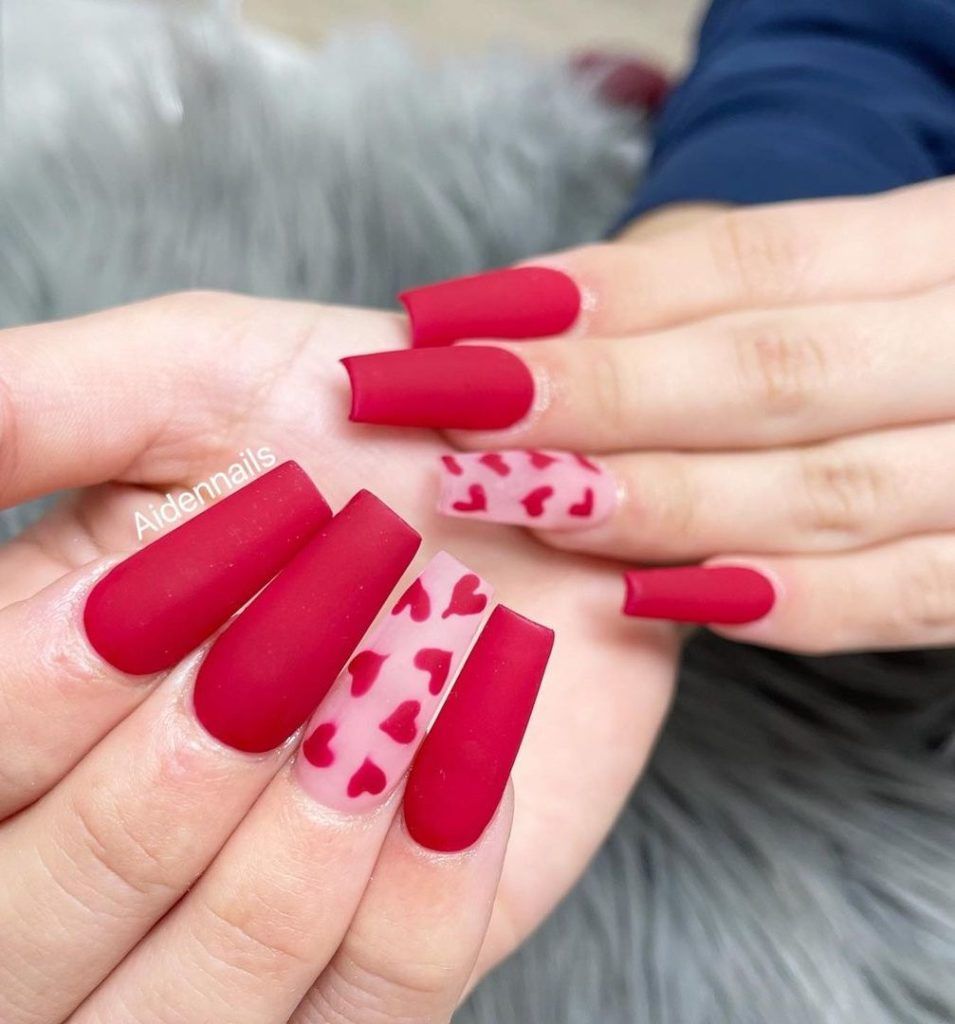Matte Red Pink Heart Pattern Coffin Nails Matte Red Pink Heart Pattern Coffin Nails — Valentines Coffin Nails 2027