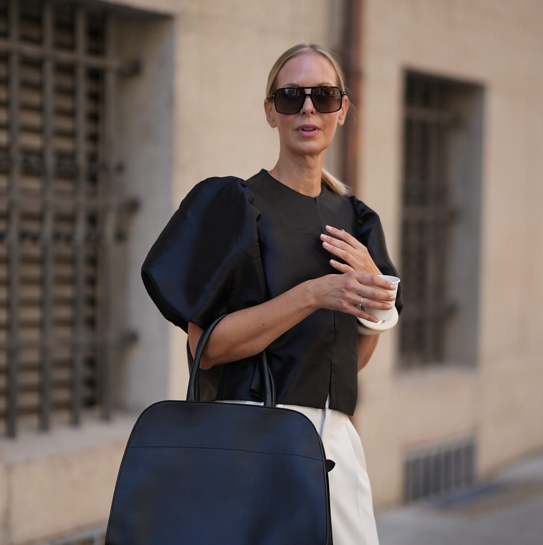 Dramatic Black Cropped Puff Sleeve Top with White Trousers Dramatic Black Cropped Puff Sleeve Top with White Trousers — Puff Sleeve Blouse Outfits 2027