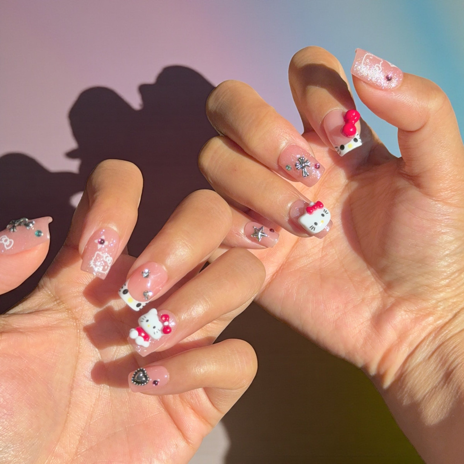 Red Bows White Faces Red Accents Short Oval Red French Tip Hello Kitty — Red Hello Kitty Nails 2027