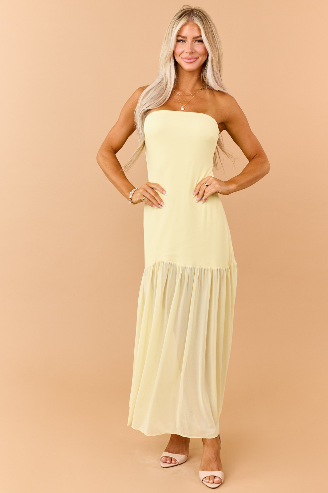Lemon Yellow Strapless Maxi Dress with Ruffled Hem Lemon Yellow Strapless Maxi Dress with Ruffled Hem — Ruffle Hem Dress 2027