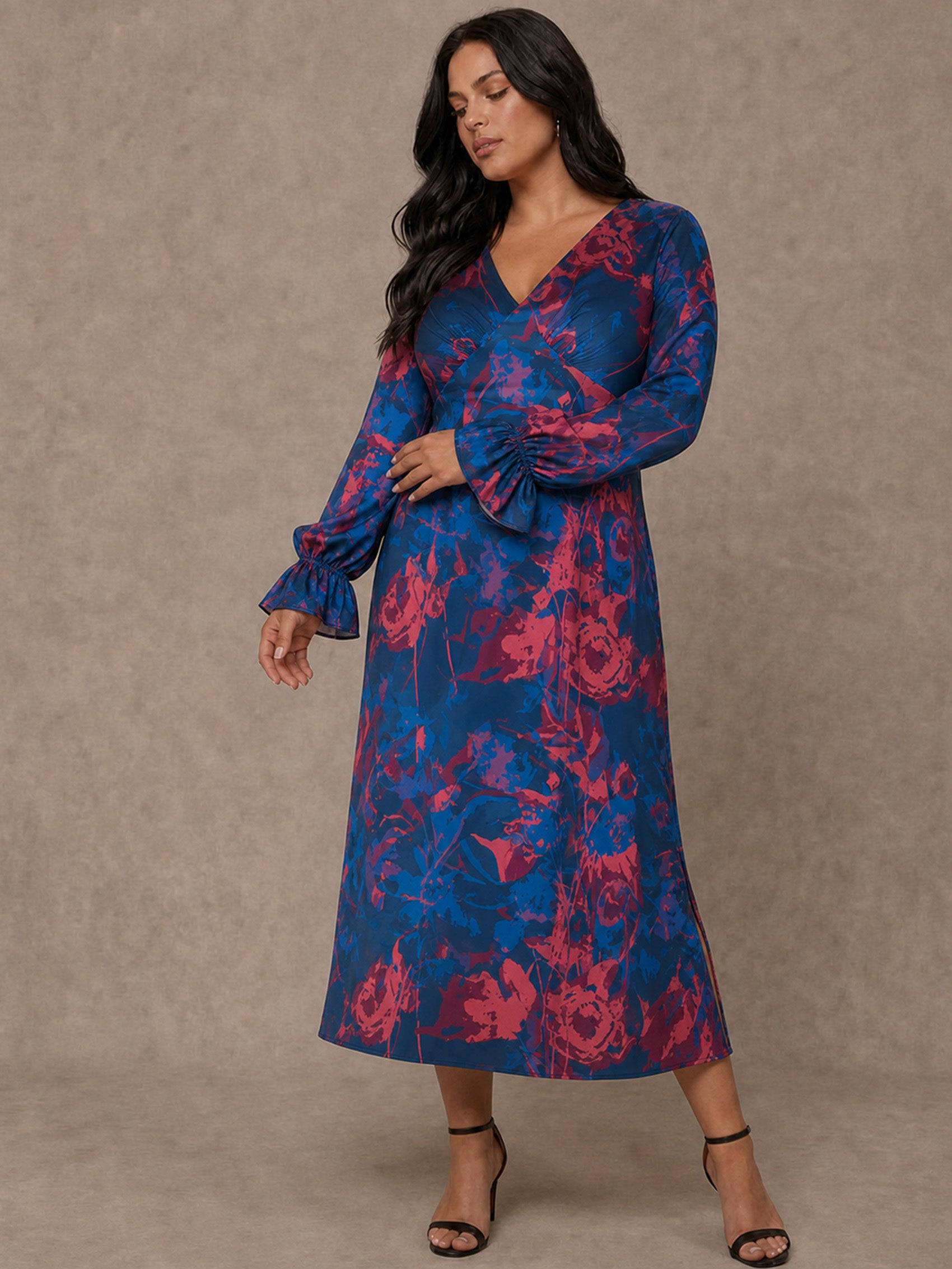 Printed Long-Sleeve Midi Dress with Ruffled Cuffs Printed Long-Sleeve Midi Dress with Ruffled Cuffs — Plus Size Wedding Guest Outfits 2027