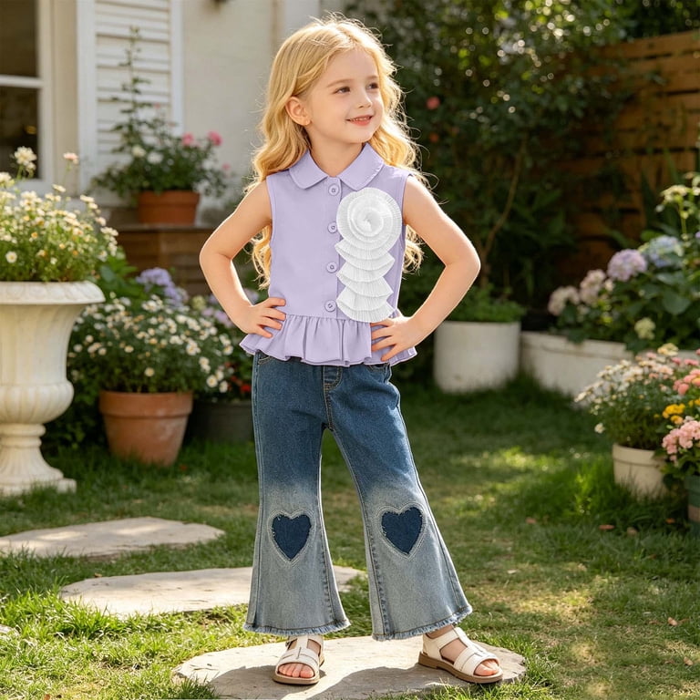 Playful Ruffles and Heart Cutouts: Collared Shirt and Flared Jeans Playful Ruffles and Heart Cutouts: Collared Shirt and Flared Jeans — Summer Outfits 2027 for Teens