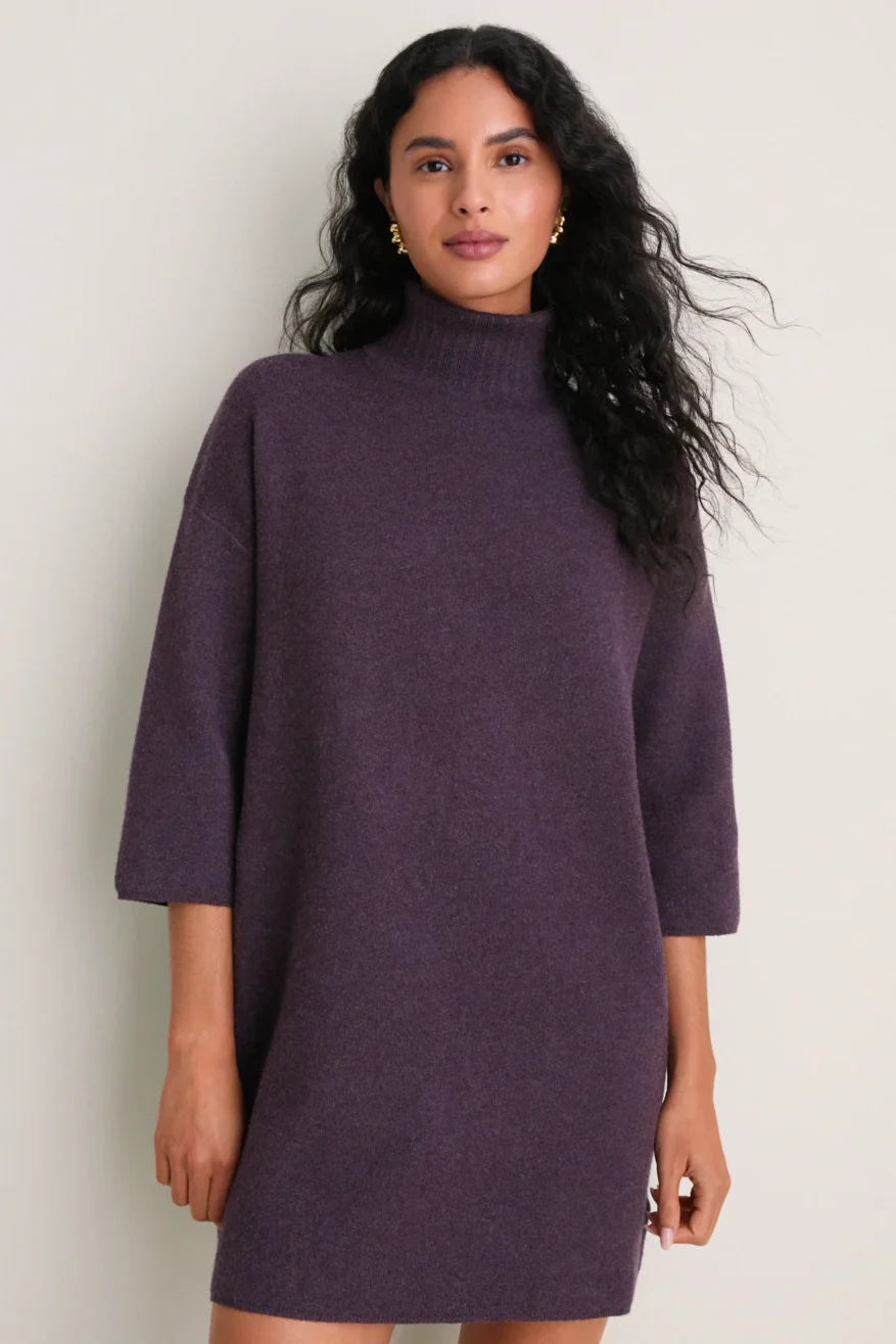 Cozy Deep Purple Knitted Turtleneck Mini Dress — Sip and See Outfits 2027