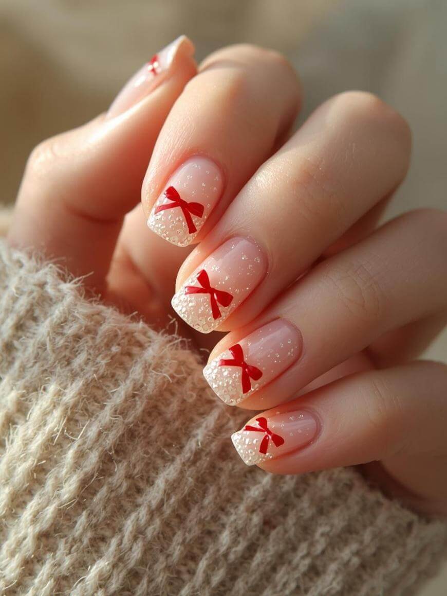 Glossy With Glitter Nude Glitter Red Bow Nails Glossy With Glitter Nude Glitter Red Bow Nails — Small Bow Nails 2027