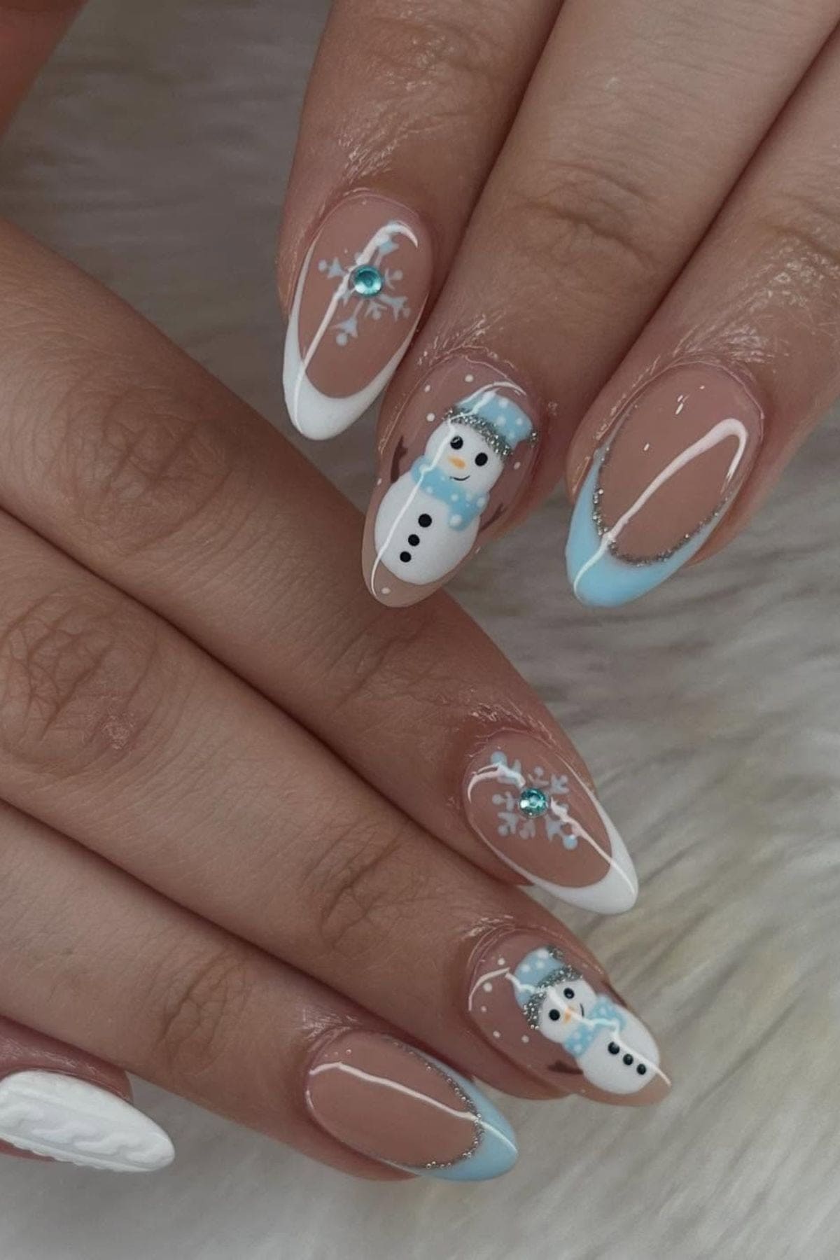 Nude Almonds with Snowman Art Nude Almonds with Snowman Art — Christmas Acrylic Nails 2026
