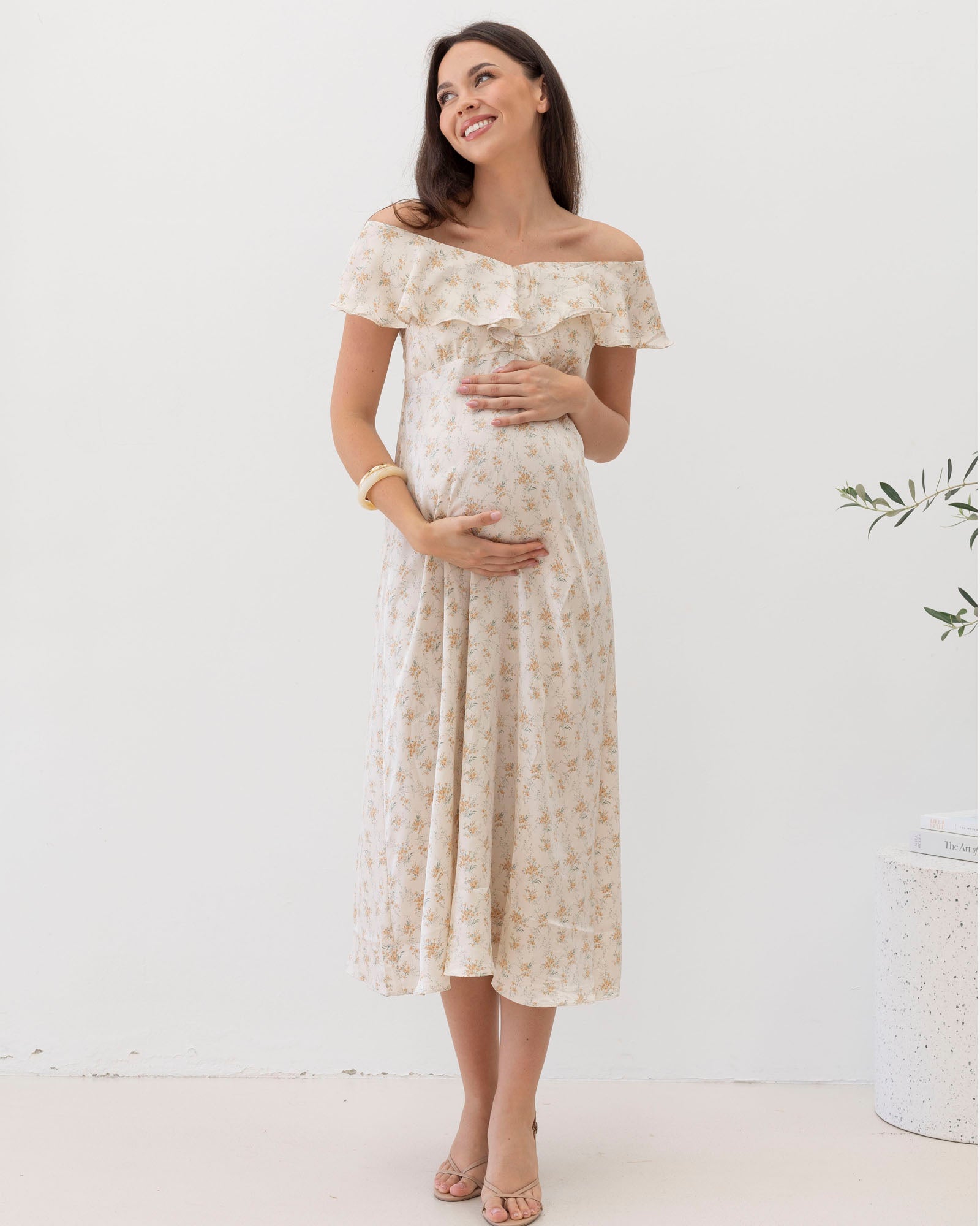 Cream Floral Off-Shoulder Maternity Dress with Ruffled Neckline Cream Floral Off-Shoulder Maternity Dress with Ruffled Neckline — Maternity Dresses 2027