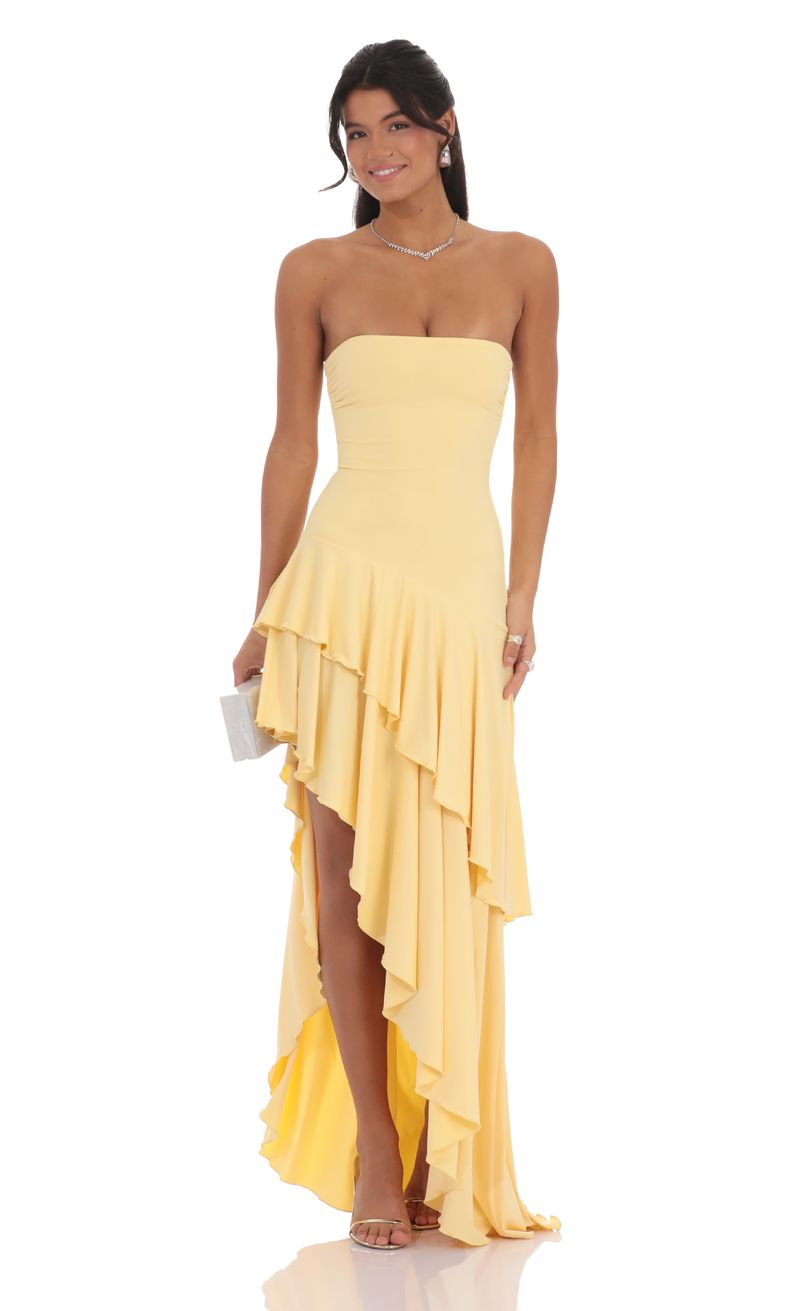 Yellow Strapless Dress with Asymmetrical Ruffled Hem Yellow Strapless Dress with Asymmetrical Ruffled Hem — Ruffle Dresses 2027