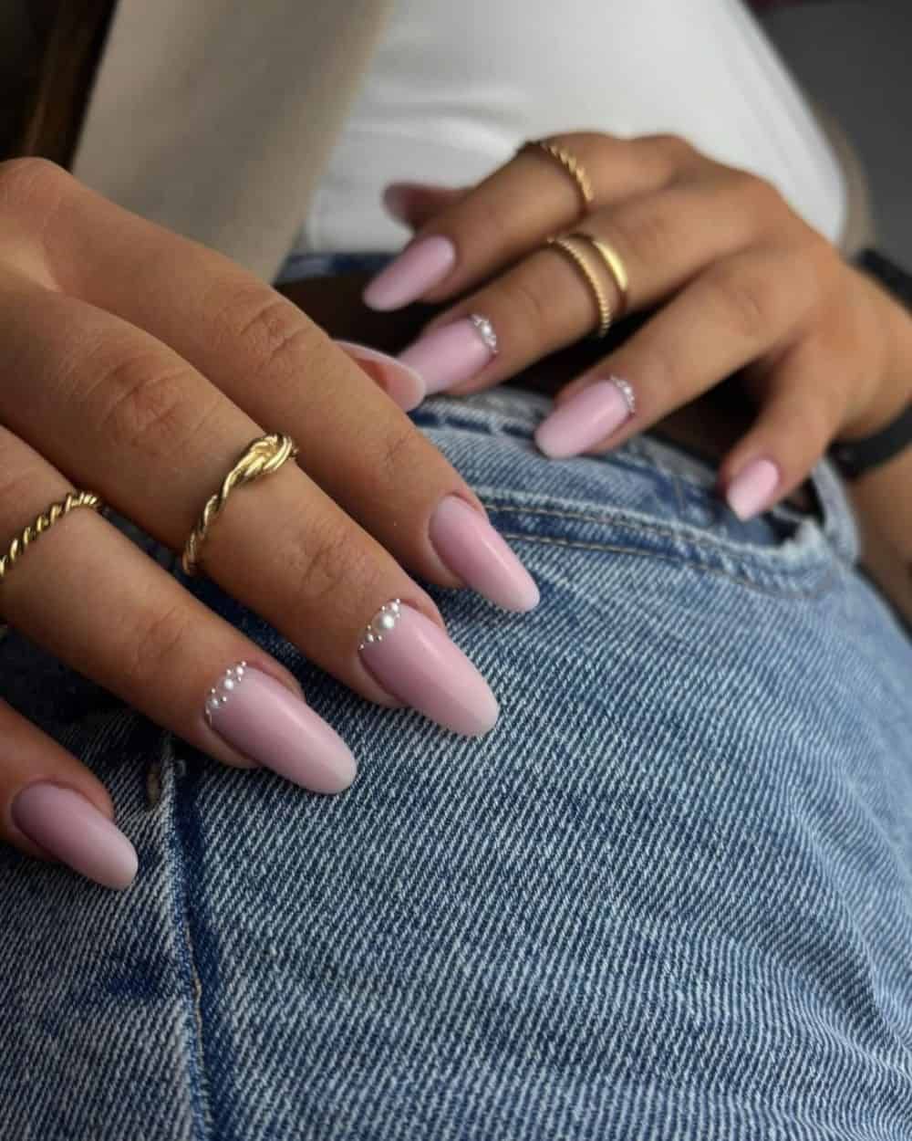 Soft Pink Nails with Pearl Cuticle Crescents Soft Pink Nails with Pearl Cuticle Crescents — Winter Formal Nails 2027
