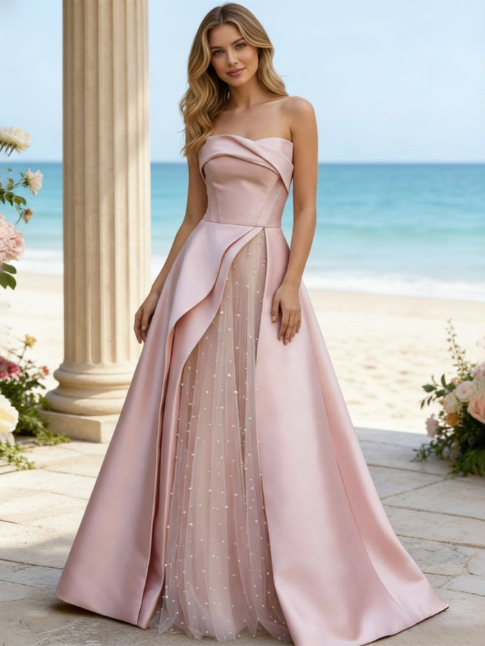 Pale Pink Asymmetrical Satin Gown with Pearl-Embellished Tulle Pale Pink Asymmetrical Satin Gown with Pearl-Embellished Tulle — Prom Outfits 2027