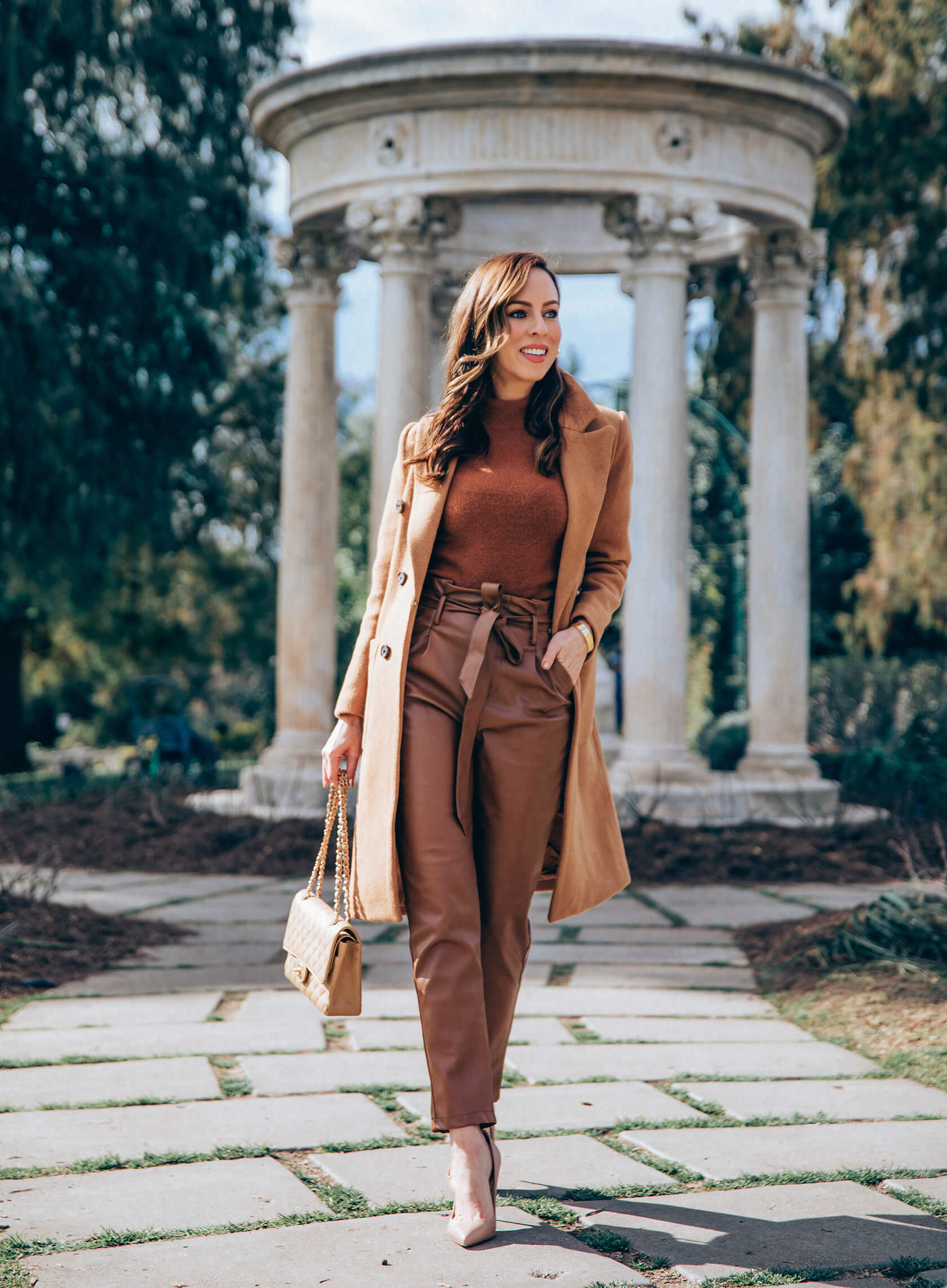 Modern Monochrome: Fitted Camel Coat with Faux Leather Pants — Camel Coat Outfits 2027