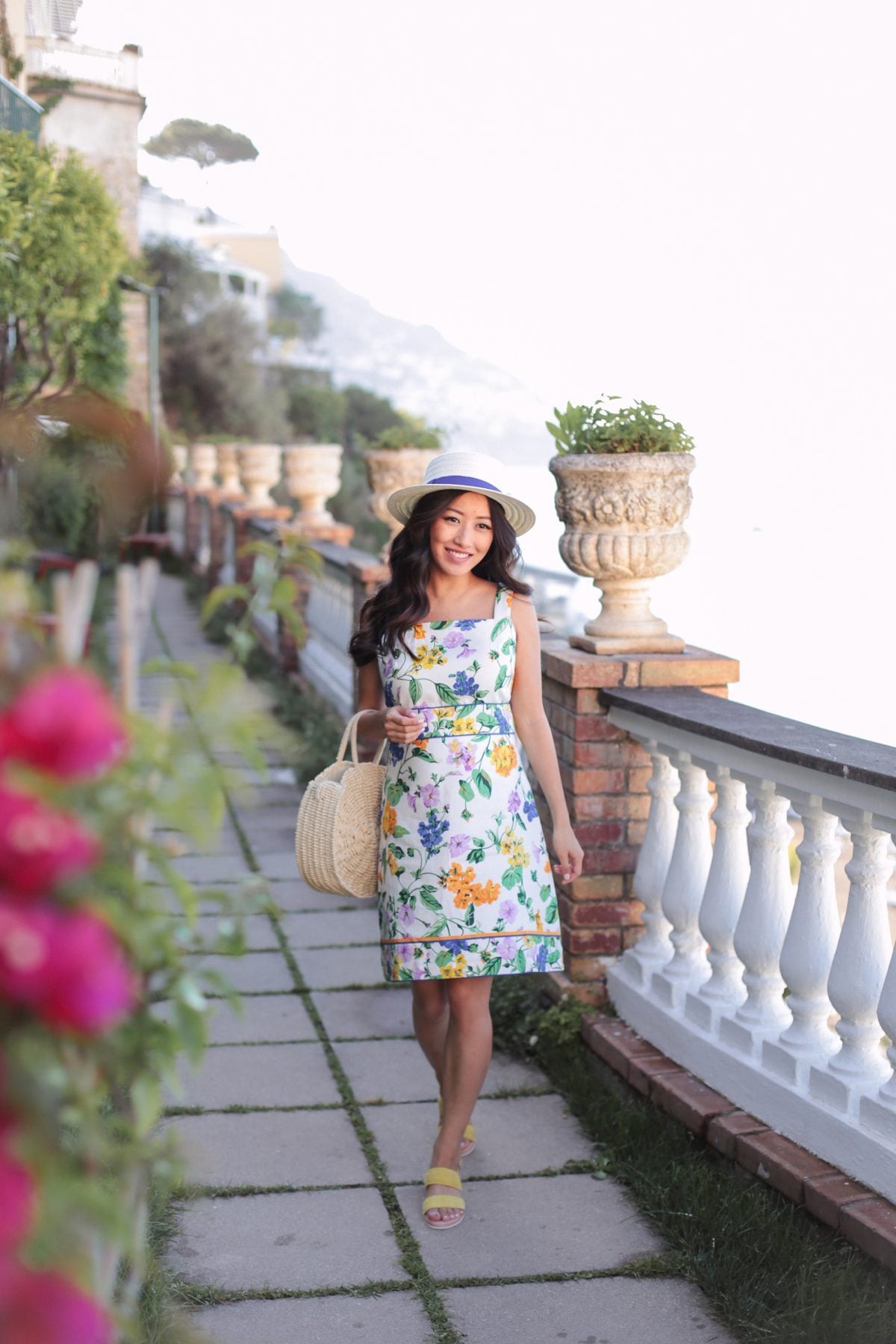 White Floral Midi Dress with Yellow Flat Sandals and Straw Hat White Floral Midi Dress with Yellow Flat Sandals and Straw Hat — Dress 2027 with Sandals Outfit