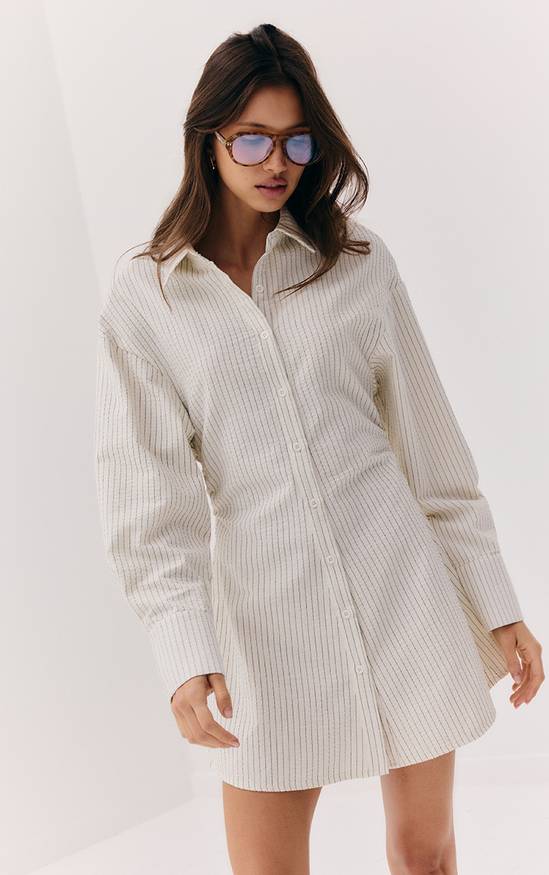 Cream Pinstripe Seersucker Shirt Dress Cream Pinstripe Seersucker Shirt Dress — Pinstripe Outfits 2027