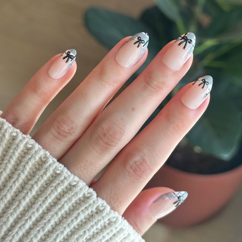 Medium Almond Plaid French With Black Bows Medium Almond Plaid French With Black Bows — Bow French Tip Nails 2027