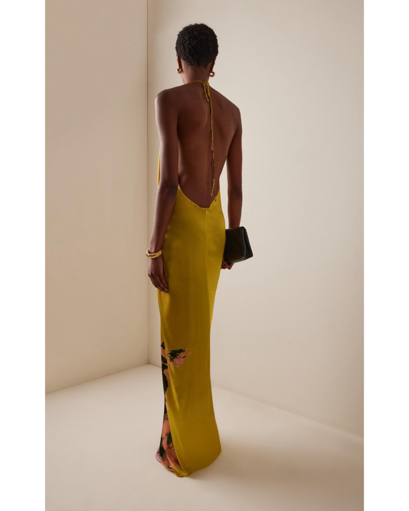 Yellow Silk Halter Dress with Open Back and Floral Print Skirt — Silk Dresses 2027