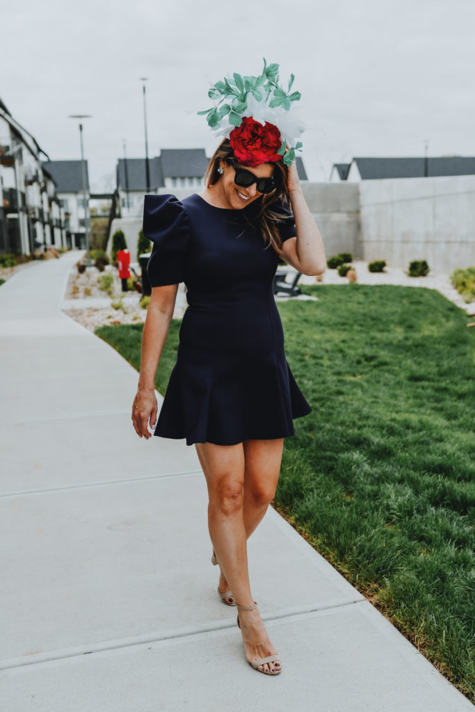 Navy Blue Mini Dress with Floral Headpiece — Kentucky Derby Outfits 2027