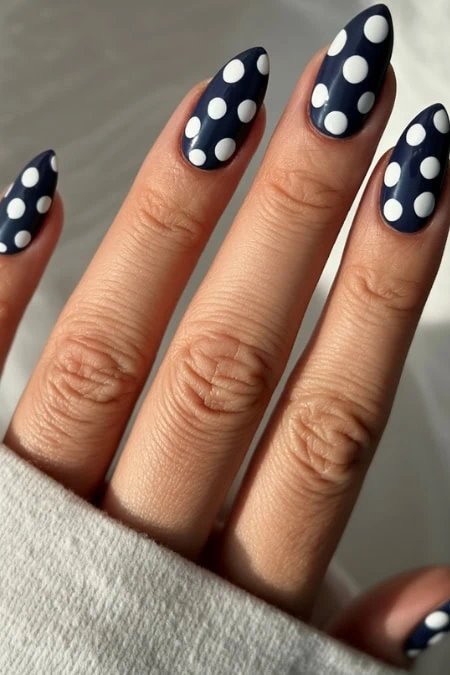 Medium Almond Navy with White Dots Medium Almond Navy with White Dots — Polka Dot Nails 2027