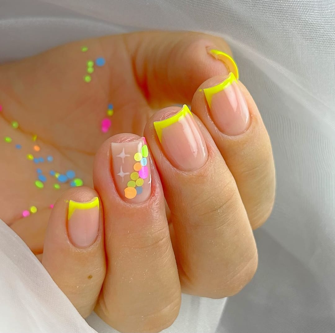 Neon Yellow French Tips with Decals Neon Yellow French Tips with Decals — Simple Short Nails 2027