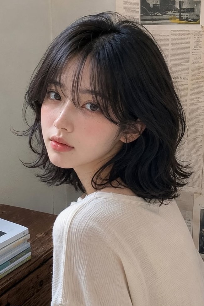 Chin-Length Black Bob With Wispy Bangs Chin-Length Black Bob With Wispy Bangs — Soft Bangs 2027