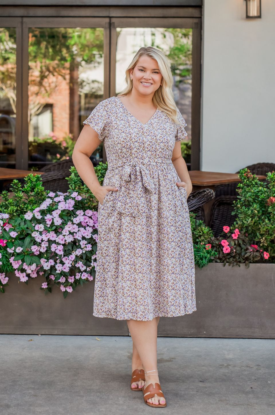 Beige Floral Fit and Flare Midi Dress with Tie Waist Beige Floral Fit and Flare Midi Dress with Tie Waist — Midi Dresses 2027 for Nursing Moms