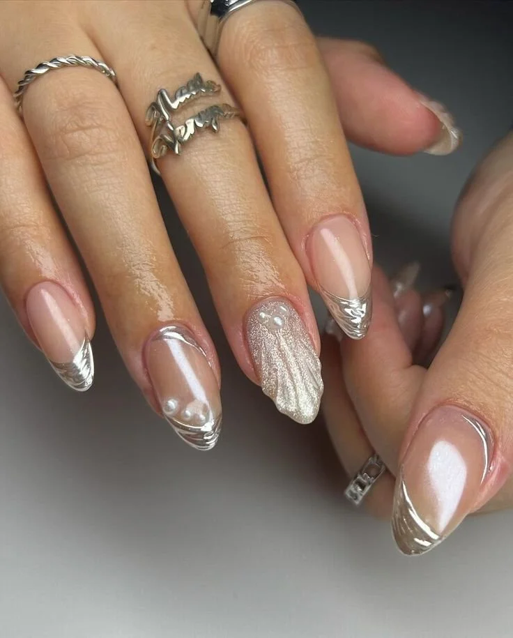 Silver French Tips with Pearl Accent Silver French Tips with Pearl Accent — Silver Nails 2027