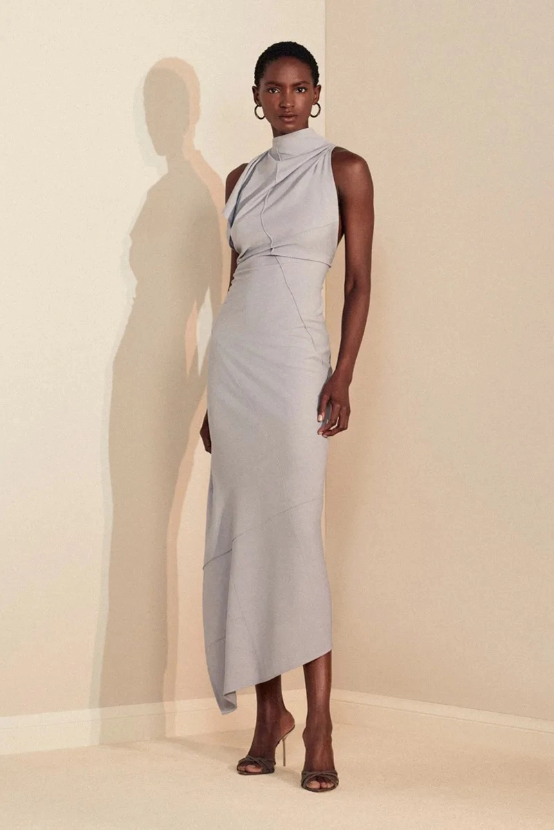 Asymmetrical Elegance: Light Grey Draped Neckline Midi Asymmetrical Elegance: Light Grey Draped Neckline Midi — Midi Dresses 2027