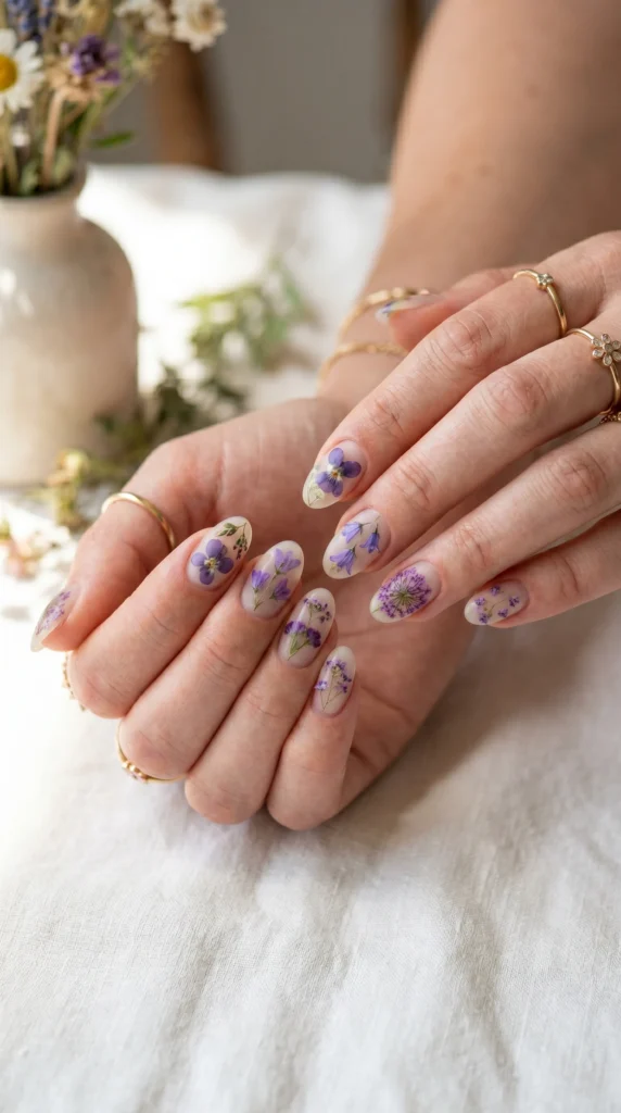 Pressed Flower and Leaf Almond Nails Pressed Flower and Leaf Almond Nails — Wildflower Flower Nails 2027