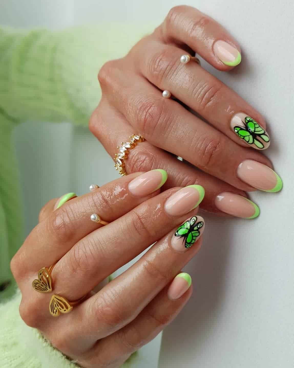 Neon Green French Tip Butterfly Almonds — Short Butterfly Almond Nails 2027