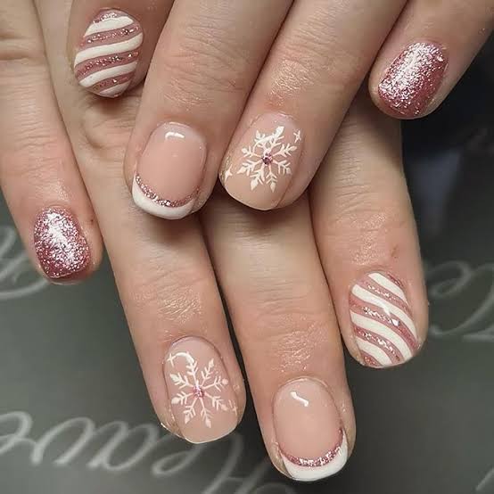 Nude Rose Gold Glitter French Candy Cane Short Square Nails Nude Rose Gold Glitter French Candy Cane Short Square Nails — Neutral Christmas Nails 2026
