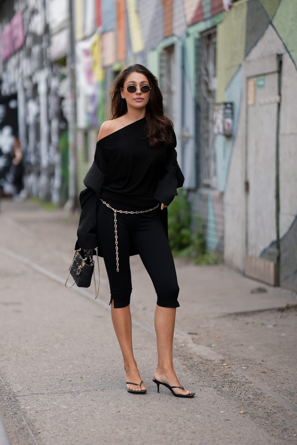 Black Off-Shoulder Top with Cropped Trousers and Gold Chain Belt — Off the Shoulder Top Outfits 2027