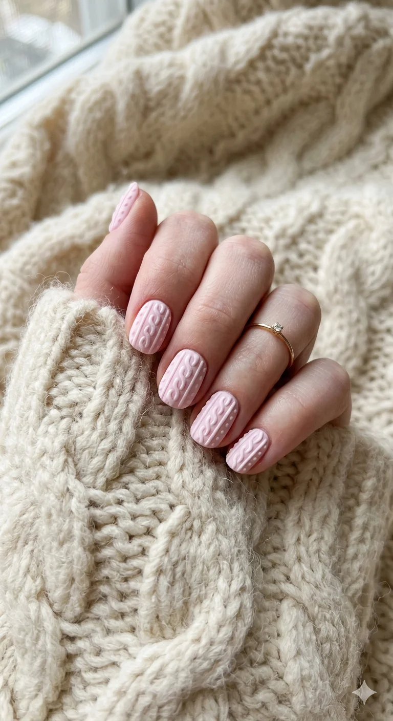 Textured Cable Knit Matte Pink — Cozy Winter Nails 2027