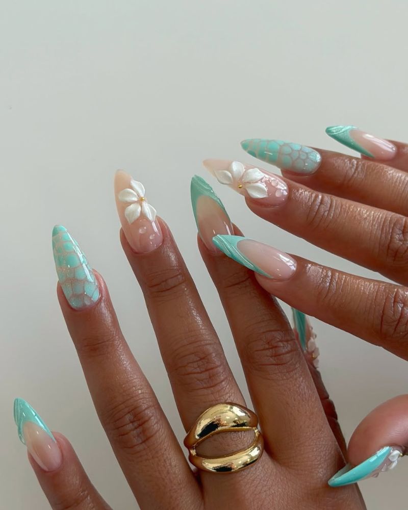 3D Flower Mint Green French Almond Nails 3D Flower Mint Green French Almond Nails — Summer Almond Nails 2027
