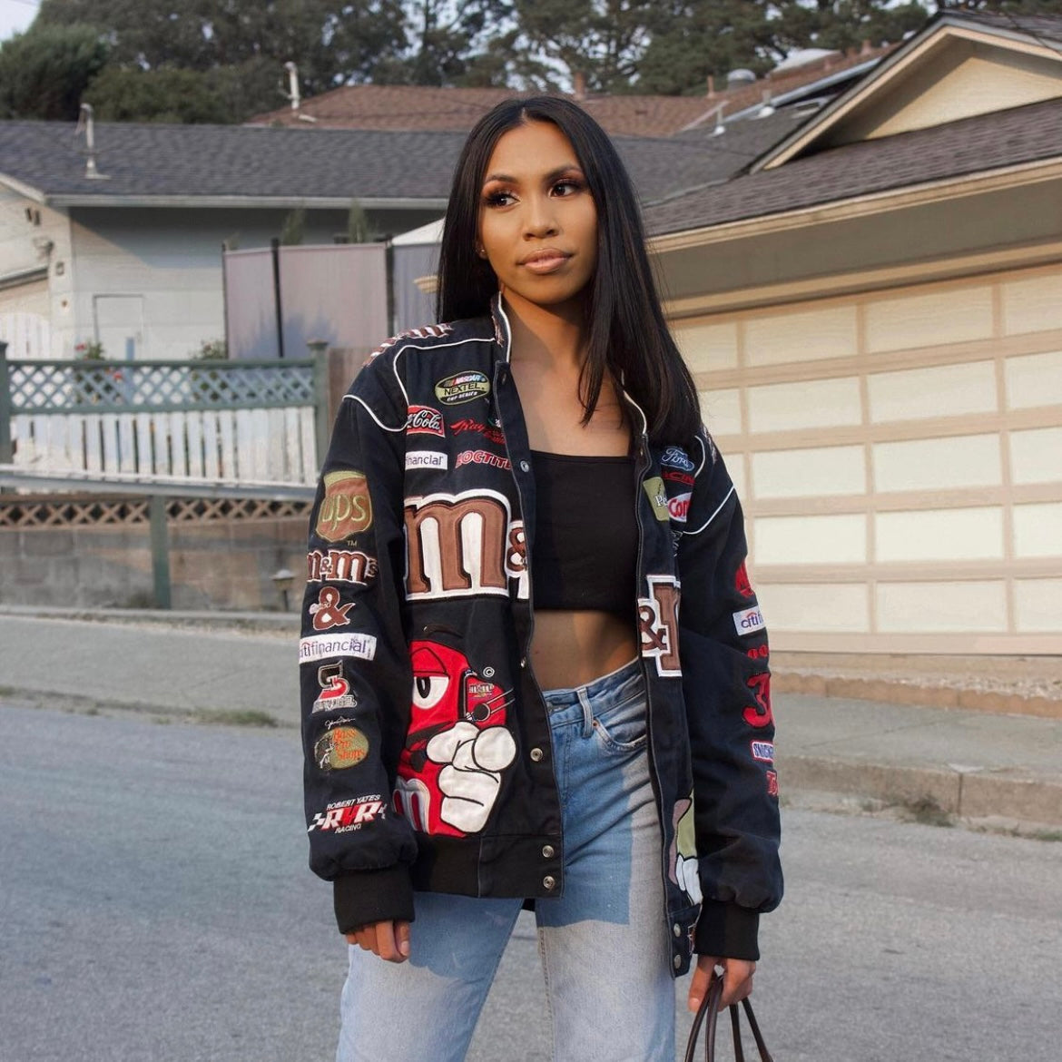 Casual Event Daytime Logo-Adorned Racing Jacket Over Crop Top and Jeans — NASCAR Outfits 2027