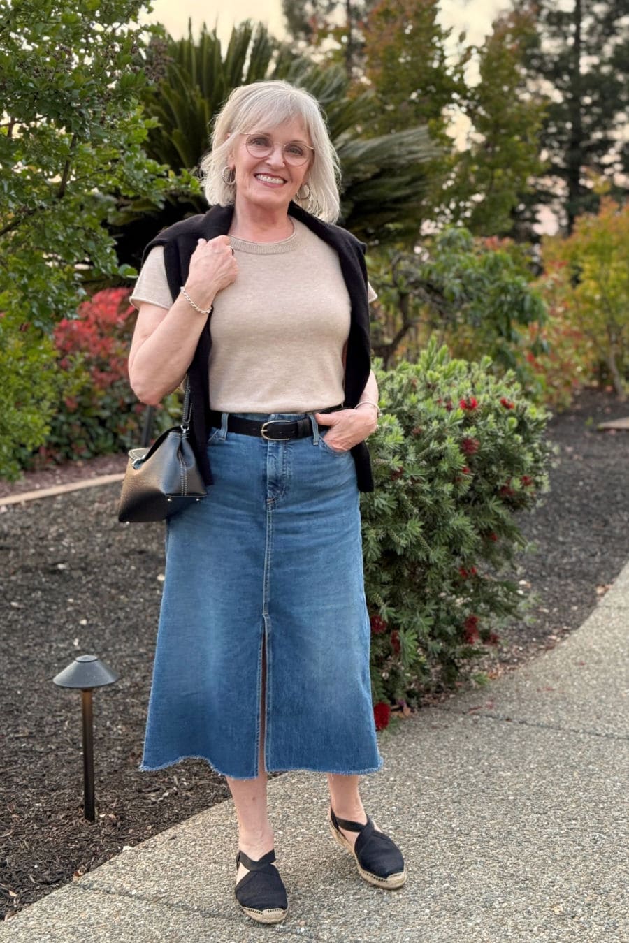 Denim Midi Skirt and Cozy Knit: A Casual Daytime Staple — Outfits 2027 for Women Over 60