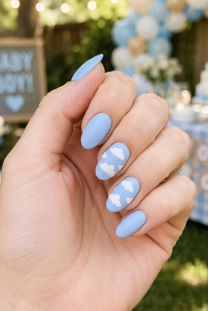 Matte Pastel Blue with Cloud Art — Baby Shower Nails 2027
