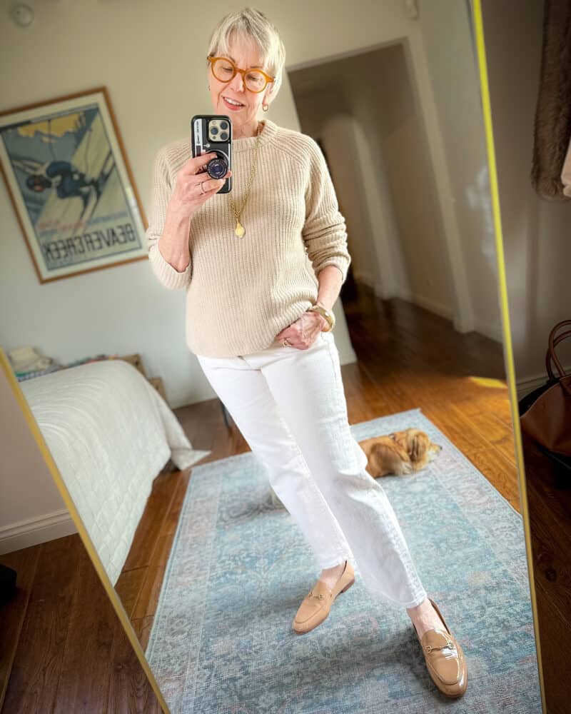 Tan Leather Loafers with White Jeans and Beige Knit Sweater Tan Leather Loafers with White Jeans and Beige Knit Sweater — Spring Outfits 2027 with Loafers