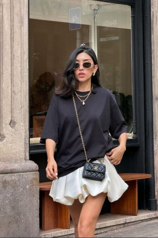 Voluminous White Mini Skirt with Oversized Tee — Barcelona Outfits 2027