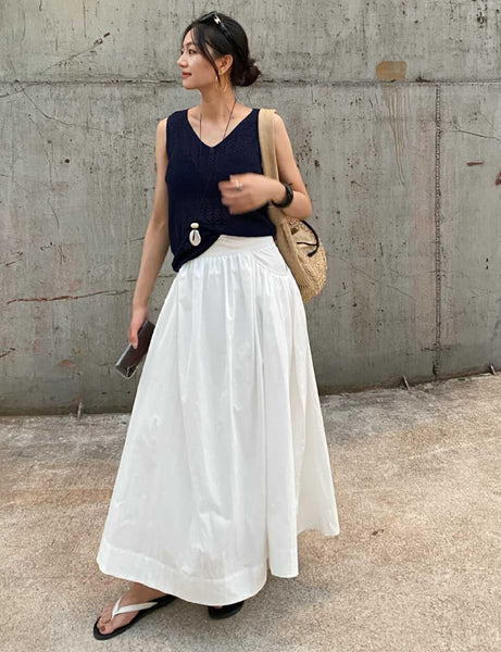 Navy Knit Tank with White Tiered Skirt and Flip-Flops — Tiered Skirt Outfits 2027