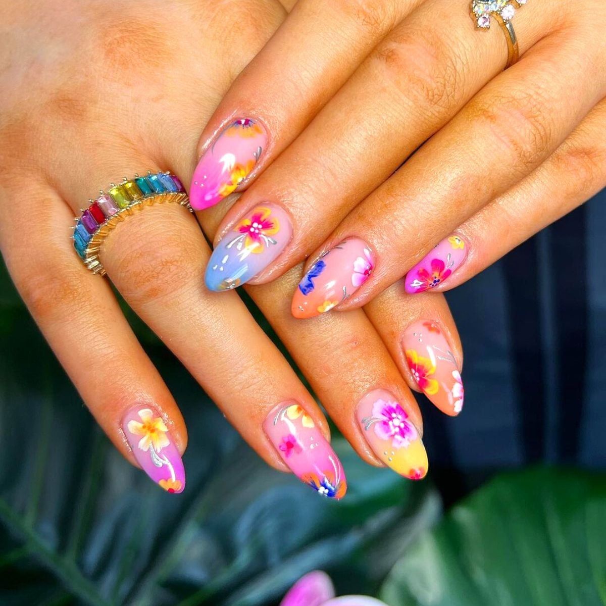 Vibrant Gradient Hand-Painted Floral Stilettos Vibrant Gradient Hand-Painted Floral Stilettos — Long Floral Nails 2027