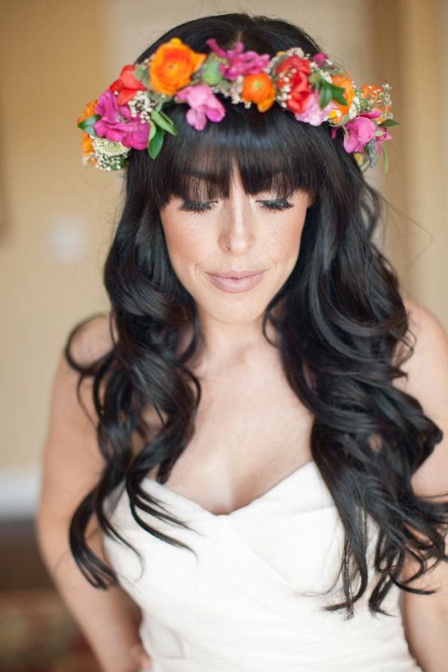 Long Black Waves With Bold Full Fringe Long Black Waves With Bold Full Fringe — Wedding Bangs 2027