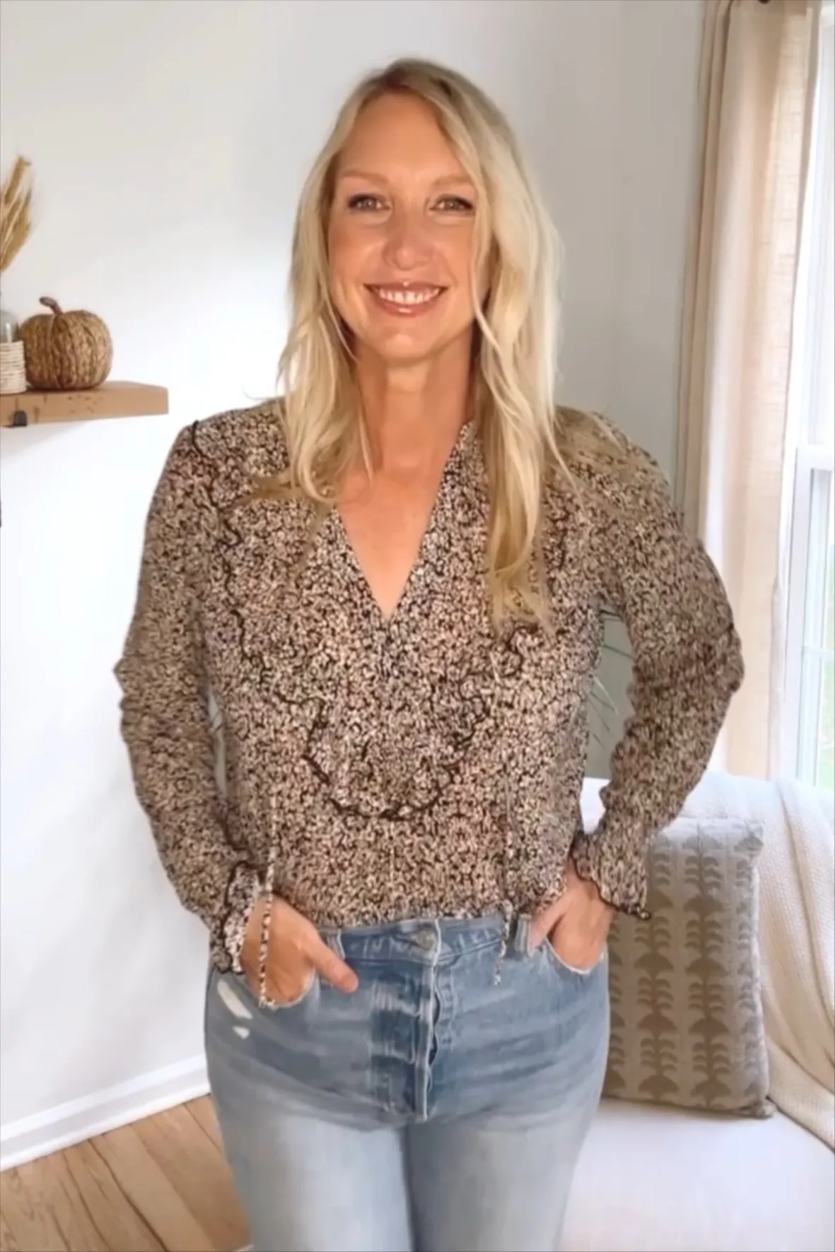 Floral Print Chiffon Blouse with Blue Denim Jeans — Tall Women Outfits 2027