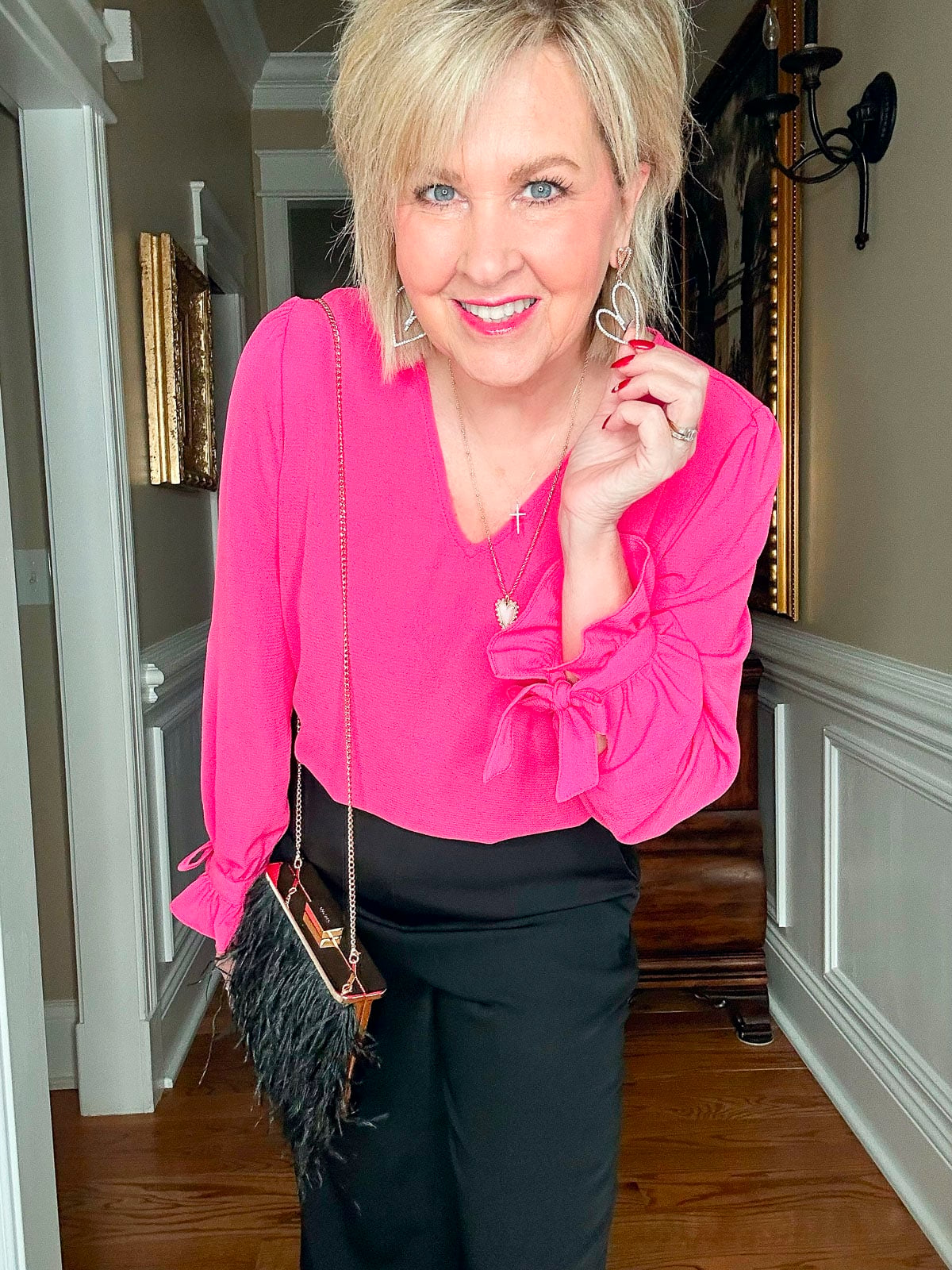 Hot Pink Blouse with Tie Cuffs and Feather-Trimmed Clutch — Pink Valentines Outfits 2027