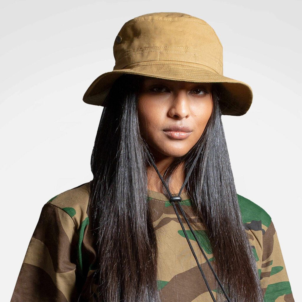Mid-Back Thick Straight Dark Brown With Tan Hat — Bucket Hat Hairstyles 2027