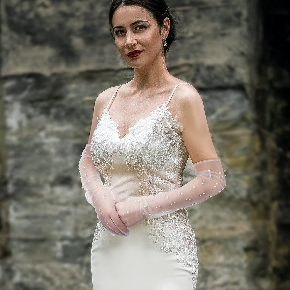 Net Pearls Lace Outfit Idea — Wedding Gloves Outfits 2027