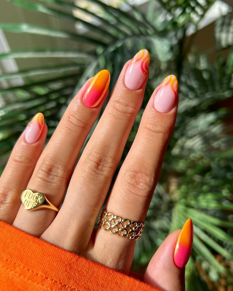 Glossy Pink with Orange Yellow Swirls Glossy Pink with Orange Yellow Swirls — Pink and Orange Sunset Nails 2027
