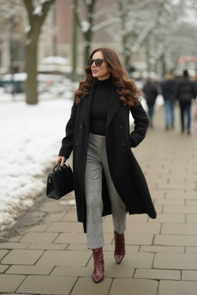 Classic Black Wool Coat And Grey Plaid Trousers Classic Black Wool Coat And Grey Plaid Trousers — Winter Dinner Outfits 2027