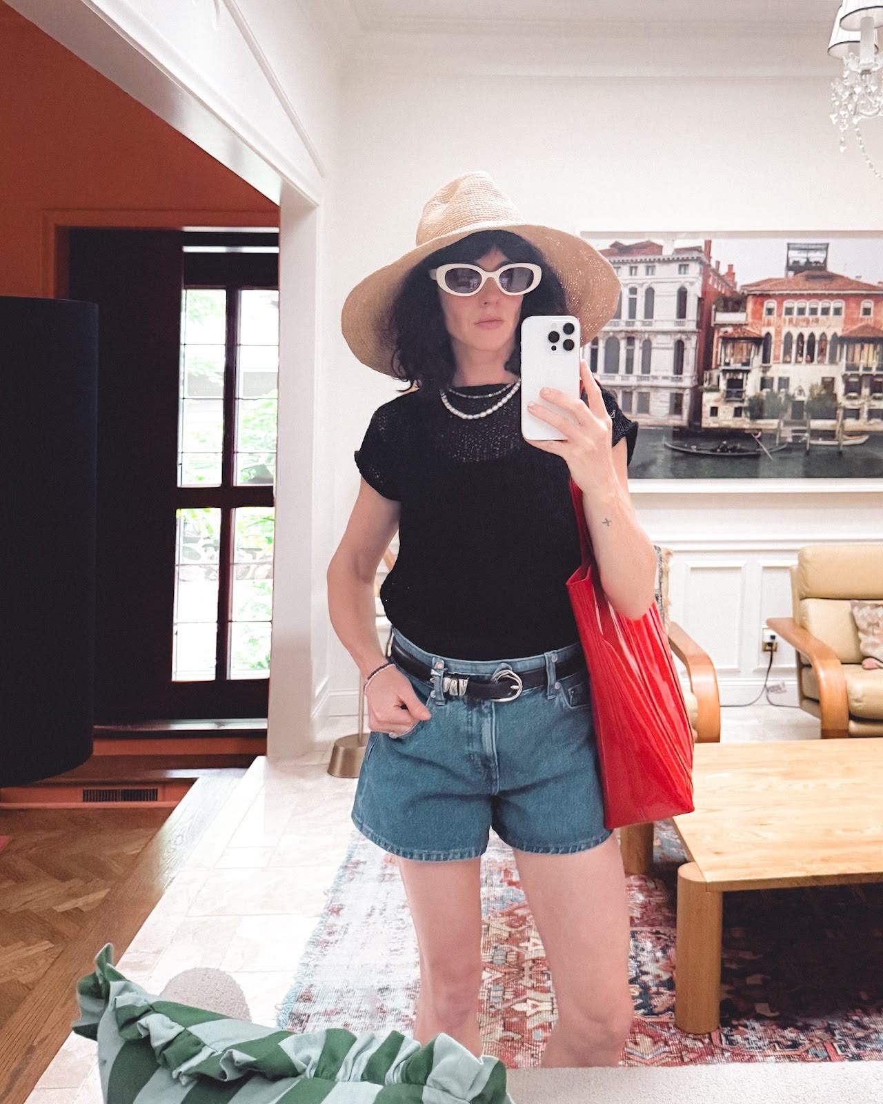 Blue Denim Shorts with Layered Knit Top and Straw Hat Blue Denim Shorts with Layered Knit Top and Straw Hat — Summer Outfits 2027 with Shorts
