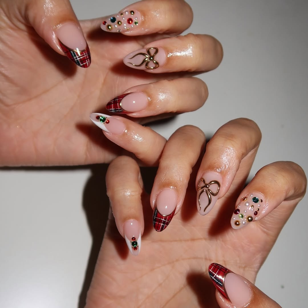 Plaid French Tip Almonds with Charms Plaid French Tip Almonds with Charms — Christmas Nail Art 2026