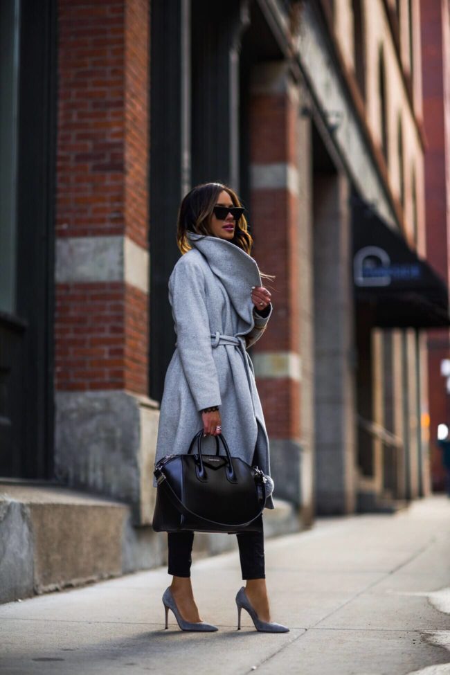 Belted Grey Wool Blend Wrap Coat with Black Trousers Belted Grey Wool Blend Wrap Coat with Black Trousers — Winter Grey Outfits 2027