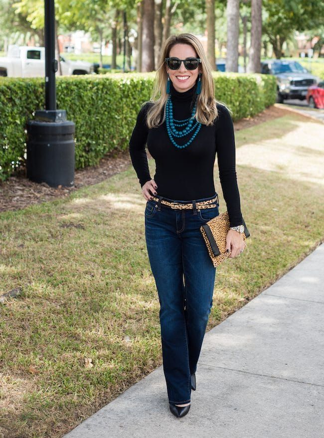 Leopard Print Accents with Black Turtleneck and Dark Blue Bootcut Jeans Leopard Print Accents with Black Turtleneck and Dark Blue Bootcut Jeans — Blue Bootcut Jeans Outfits 2027