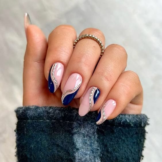 Medium Almond Pink Navy Glitter Line Medium Almond Pink Navy Glitter Line — Simple Graduation Nails 2027